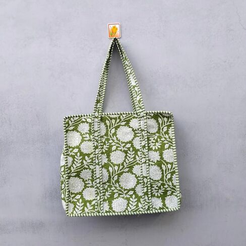 Quilted Cotton Handprinted Block print Reversible Large multicolor Floral Tote Bag (COTTON, GREEN,FLORAL) in Saudi Arabia