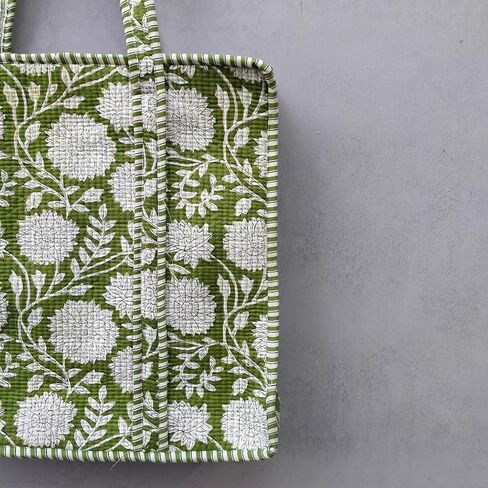Quilted Cotton Handprinted Block print Reversible Large multicolor Floral Tote Bag (COTTON, GREEN,FLORAL) in Saudi Arabia