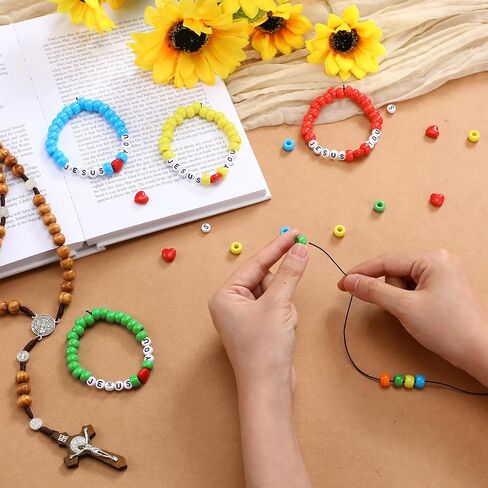 Ferreve 35 Sets Religious Bead Wristband Craft Kit Jesus Love Me Faith DIY Bead Craft Kit Love Charms Letter Beads for VBS Week Sunday School Christian Bible Verse Gifts Making in Kuwait