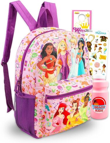 Disney Princess Backpack for Girls - Bundle with 16" School Bag Featuring Ariel, Rapunzel, Cinderella, Moana Plus Water Bottle, Stickers, More | Disney Princess School Bag for Girls in Saudi Arabia
