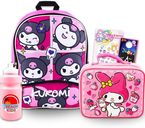 Kuromi Backpack with Lunch Box Set - Bundle with 16" School Bag, My Melody Lunch Bag, Water Bottle, Tattoos, More | Kuromi and My Melody Backpack Set for Girls in Saudi Arabia