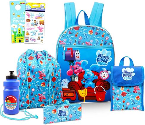 Blue's Clues School Backpack with Lunch Box for Kids - 5 Pc Bundle with 16" Backpack, Cinch Bag, Lunch Bag, Pencil Holder, Stickers, More | Blue's Clues School Bag Set in Saudi Arabia