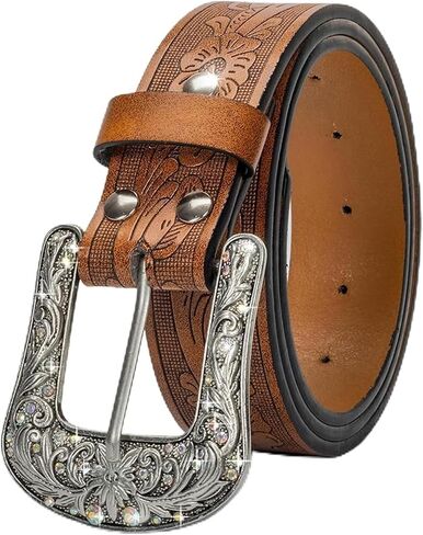 Cowgirl Cowboy Rhinestone-Studded-Buckle Western Belt for Women PU-Leather Floral-Embossed Vintage-Carved Belt 30-38" in Kuwait