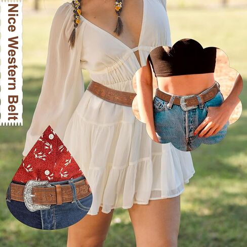 Cowgirl Cowboy Rhinestone-Studded-Buckle Western Belt for Women PU-Leather Floral-Embossed Vintage-Carved Belt 30-38" in Kuwait