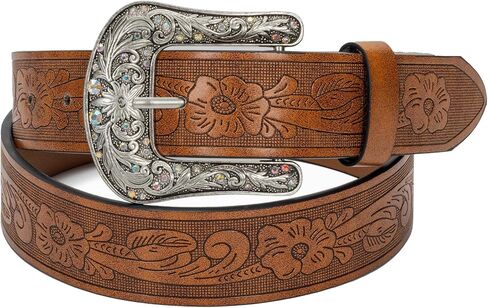 Cowgirl Cowboy Rhinestone-Studded-Buckle Western Belt for Women PU-Leather Floral-Embossed Vintage-Carved Belt 30-38" in Kuwait