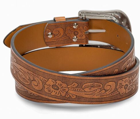 Cowgirl Cowboy Rhinestone-Studded-Buckle Western Belt for Women PU-Leather Floral-Embossed Vintage-Carved Belt 30-38" in Kuwait