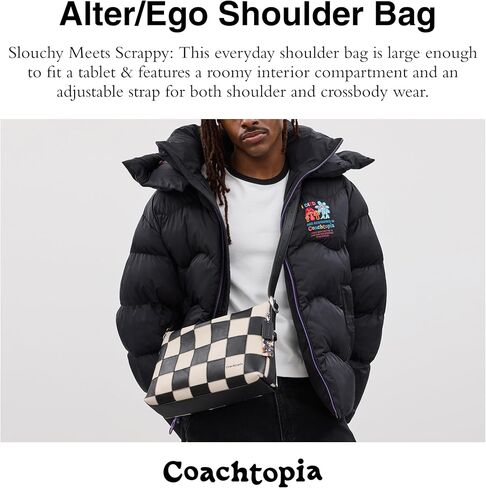 حقيبة كتف Coachtopia Alter/Ego من الجلد المصنوع على شكل رقعة الشطرنج، باللون الأسود/الطباشيري in Saudi Arabia