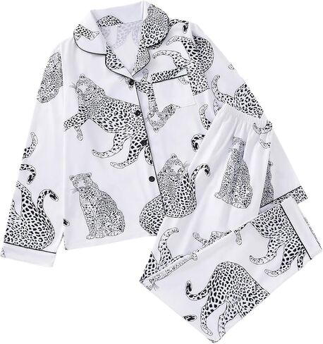 Women's 2 Piece Pajama Sets Print Long Sleeve Button Down Shirt and Pants Sleepwear Sets in Kuwait