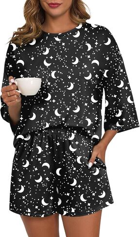 Prinstory Womens Pajama تحدد بيجامات قصيرة الأكمام مجموعة للنساء 2 قطعة ناعمة مع جيوب in Saudi Arabia