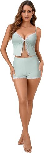 KIFOVEN Women’s Pajamas Set 2 Pieces Cami Crop Top Shorts Pjs Lace Trim Tie Front Sleepwear Lingerie Set in Saudi Arabia
