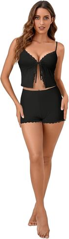 KIFOVEN Women’s Pajamas Set 2 Pieces Cami Crop Top Shorts Pjs Lace Trim Tie Front Sleepwear Lingerie Set in Saudi Arabia