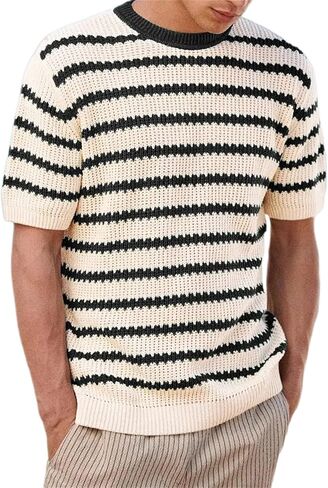 سترة متماسكة للرجال مخططة Crewneck T Shirt قمصان شاطئ هاواي غير الرسمية قائد عطلة الصيف مريحة مريحة in Kuwait