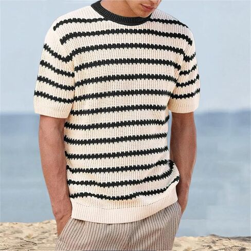 سترة متماسكة للرجال مخططة Crewneck T Shirt قمصان شاطئ هاواي غير الرسمية قائد عطلة الصيف مريحة مريحة in Kuwait