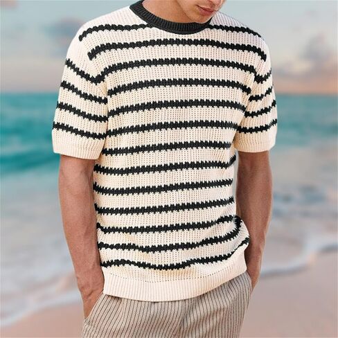 سترة متماسكة للرجال مخططة Crewneck T Shirt قمصان شاطئ هاواي غير الرسمية قائد عطلة الصيف مريحة مريحة in Kuwait