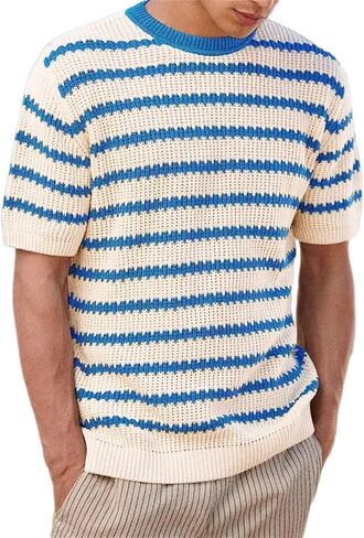 سترة متماسكة للرجال مخططة Crewneck T Shirt قمصان شاطئ هاواي غير الرسمية قائد عطلة الصيف مريحة مريحة in Kuwait