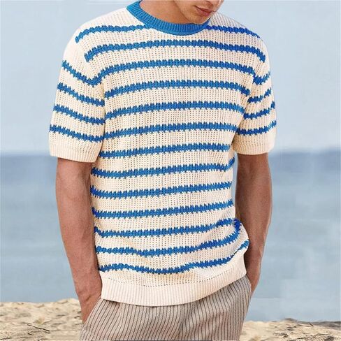 سترة متماسكة للرجال مخططة Crewneck T Shirt قمصان شاطئ هاواي غير الرسمية قائد عطلة الصيف مريحة مريحة in Kuwait