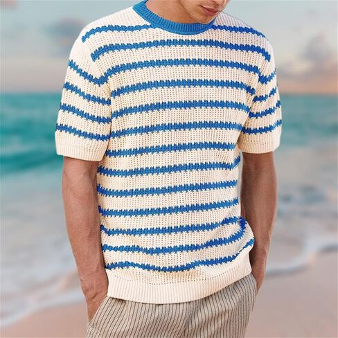 سترة متماسكة للرجال مخططة Crewneck T Shirt قمصان شاطئ هاواي غير الرسمية قائد عطلة الصيف مريحة مريحة in Kuwait