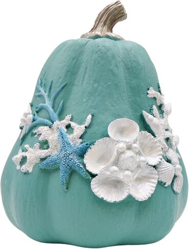 Needzo Blue Painted Pumpkin Decoration Figurine with White Shells, Sparkles, and Starfish Details, Fall Nautical Bathroom Decor for Beach and Ocean Houses, 7.5 Inches in Saudi Arabia