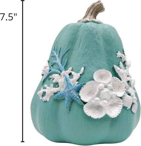 Needzo Blue Painted Pumpkin Decoration Figurine with White Shells, Sparkles, and Starfish Details, Fall Nautical Bathroom Decor for Beach and Ocean Houses, 7.5 Inches in Saudi Arabia
