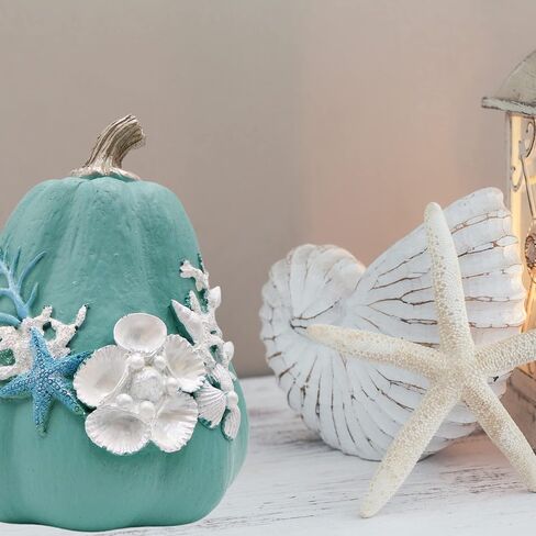 Needzo Blue Painted Pumpkin Decoration Figurine with White Shells, Sparkles, and Starfish Details, Fall Nautical Bathroom Decor for Beach and Ocean Houses, 7.5 Inches in Saudi Arabia