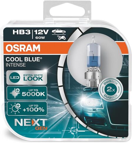 Osram Cool Blue Intense HB3 ، +100 ٪ أكثر سطوع ، يصل إلى 5000 ألف ، مصباح مصباح هالوجين ، LED ، صندوق الثنائي (مصباحان) in Saudi Arabia