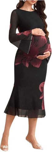 MakeMeChic Women's Maternity Dress Floral Long Sleeve Mesh Bodycon Pregnancy Formal Midi Dresses in Saudi Arabia