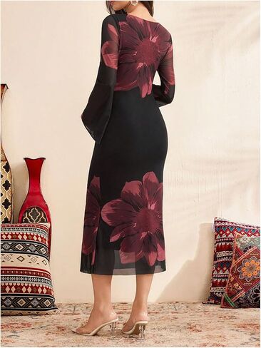 MakeMeChic Women's Maternity Dress Floral Long Sleeve Mesh Bodycon Pregnancy Formal Midi Dresses in Saudi Arabia