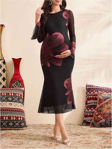 MakeMeChic Women's Maternity Dress Floral Long Sleeve Mesh Bodycon Pregnancy Formal Midi Dresses in Saudi Arabia