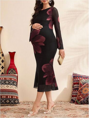 MakeMeChic Women's Maternity Dress Floral Long Sleeve Mesh Bodycon Pregnancy Formal Midi Dresses in Saudi Arabia