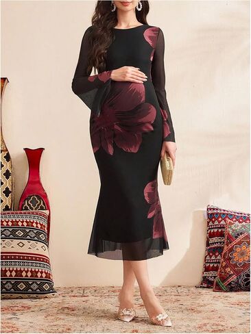MakeMeChic Women's Maternity Dress Floral Long Sleeve Mesh Bodycon Pregnancy Formal Midi Dresses in Saudi Arabia