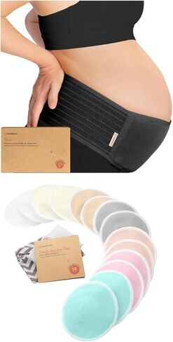 Keababies Belly Belly Band ومنصات التمريض القابلة لإعادة الاستخدام - حزام دعم البطن الناعم والتنفس - 14 منصات الرضاعة الطبيعية القابلة للغسل + كيس غسل ، غطاء الحلمة in Kuwait