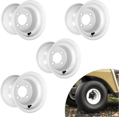 10L0L 4 Pack White Steel Golf Cart Wheel 8x7 fits Yamaha, Club Car, EZGO, Cushman, Centered and 4x101.6mm Bolt Pattern in Kuwait