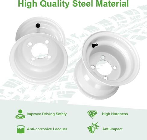 10L0L 4 Pack White Steel Golf Cart Wheel 8x7 fits Yamaha, Club Car, EZGO, Cushman, Centered and 4x101.6mm Bolt Pattern in Kuwait