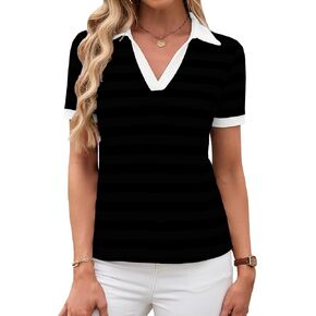 LilyCoco Womens Striped Shirt Fitted Collared Neck Short Sleeve T Shirt in Kuwait