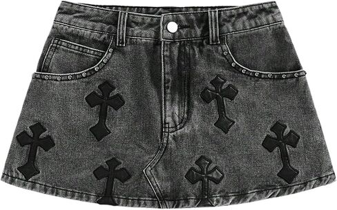WDIRARA Women's Cross Embroidered Low Rise Mini Denim Skirt Grunge Punk Jean Skirt in Saudi Arabia