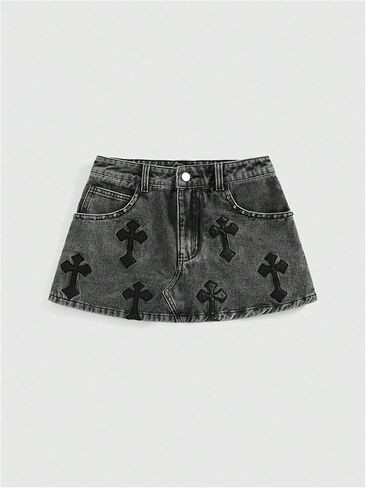WDIRARA Women's Cross Embroidered Low Rise Mini Denim Skirt Grunge Punk Jean Skirt in Saudi Arabia