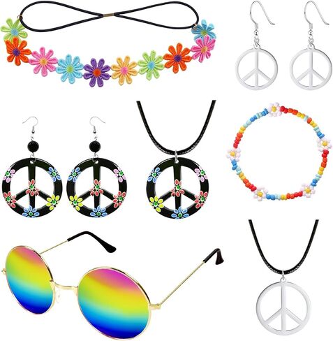 Hippie Costume Accessories for Women Peace Sign Earrings Necklace Flower Headband Sunglasses 60s 70s Accessories in Saudi Arabia