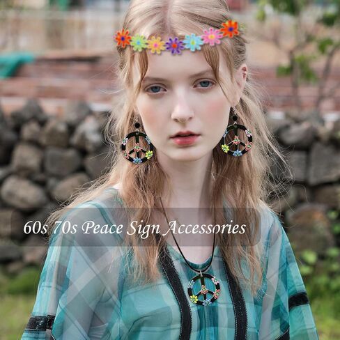 Hippie Costume Accessories for Women Peace Sign Earrings Necklace Flower Headband Sunglasses 60s 70s Accessories in Saudi Arabia