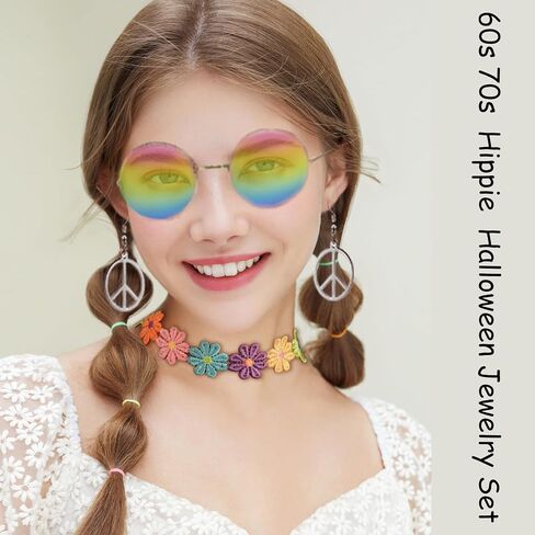 Hippie Costume Accessories for Women Peace Sign Earrings Necklace Flower Headband Sunglasses 60s 70s Accessories in Saudi Arabia