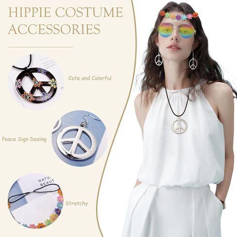 Hippie Costume Accessories for Women Peace Sign Earrings Necklace Flower Headband Sunglasses 60s 70s Accessories in Saudi Arabia