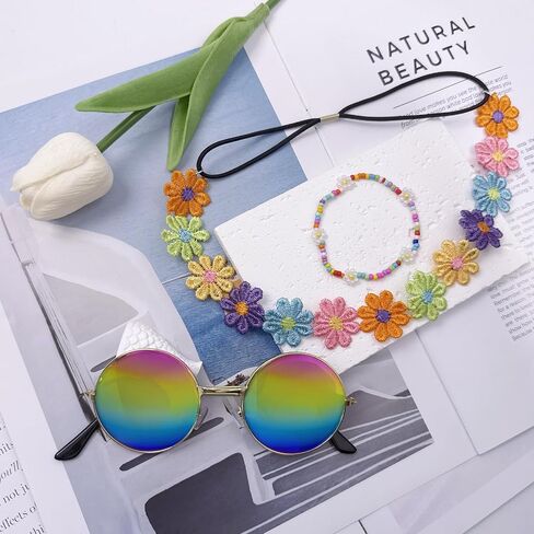 Hippie Costume Accessories for Women Peace Sign Earrings Necklace Flower Headband Sunglasses 60s 70s Accessories in Saudi Arabia