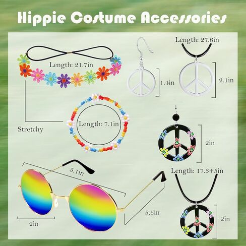 Hippie Costume Accessories for Women Peace Sign Earrings Necklace Flower Headband Sunglasses 60s 70s Accessories in Saudi Arabia