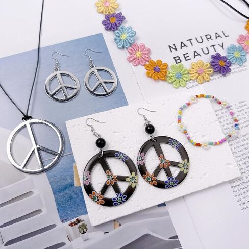 Hippie Costume Accessories for Women Peace Sign Earrings Necklace Flower Headband Sunglasses 60s 70s Accessories in Saudi Arabia