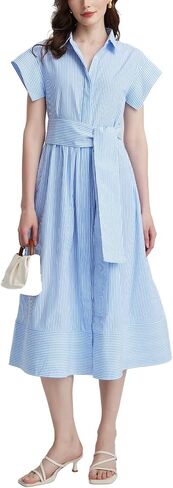Women's Striped Belted Shirt Midi Dress Casual Short Sleeve Button Down Lapel V Neck A Line Long Dress in Saudi Arabia