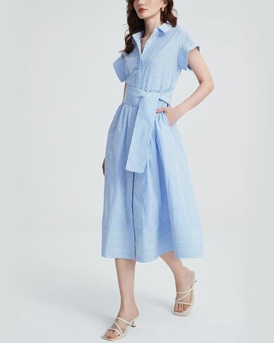 Women's Striped Belted Shirt Midi Dress Casual Short Sleeve Button Down Lapel V Neck A Line Long Dress in Saudi Arabia