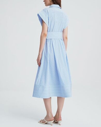 Women's Striped Belted Shirt Midi Dress Casual Short Sleeve Button Down Lapel V Neck A Line Long Dress in Saudi Arabia
