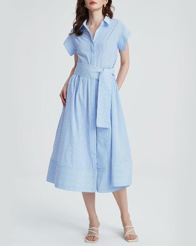 Women's Striped Belted Shirt Midi Dress Casual Short Sleeve Button Down Lapel V Neck A Line Long Dress in Saudi Arabia