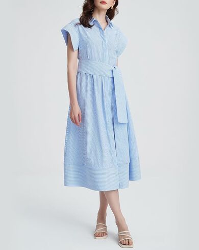 Women's Striped Belted Shirt Midi Dress Casual Short Sleeve Button Down Lapel V Neck A Line Long Dress in Saudi Arabia