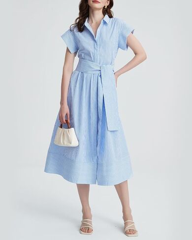 Women's Striped Belted Shirt Midi Dress Casual Short Sleeve Button Down Lapel V Neck A Line Long Dress in Saudi Arabia