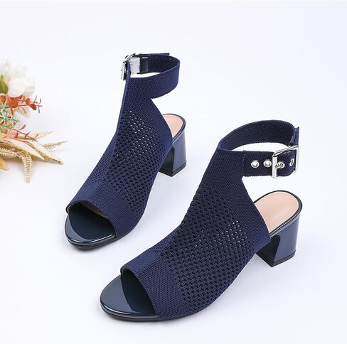 Women'S Knitted Peep Toe Slingback Chunky Heel Buckle Ankle Boots Summer Breathable Mesh Open Toe Hollow Block Heel Sandals Fashion Work Walking Sandals in Saudi Arabia